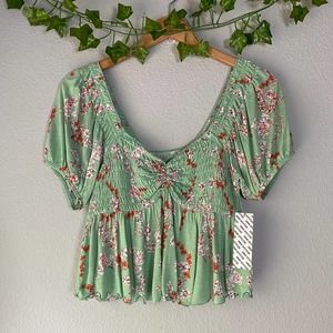 Urban Outfitters Green Floral Smocked Cropped Blouse Top